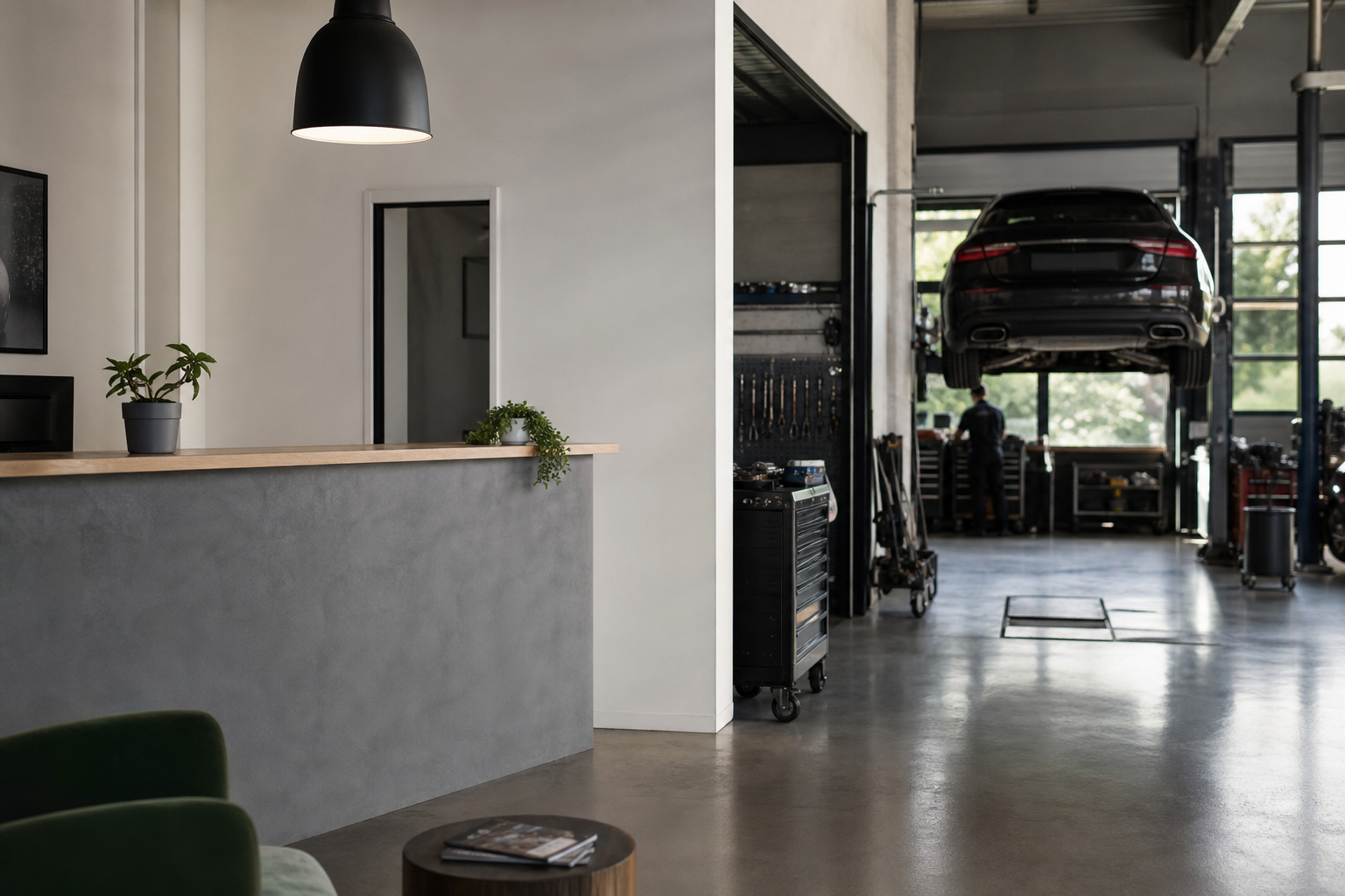 Modern automotive workshop reception and service bay